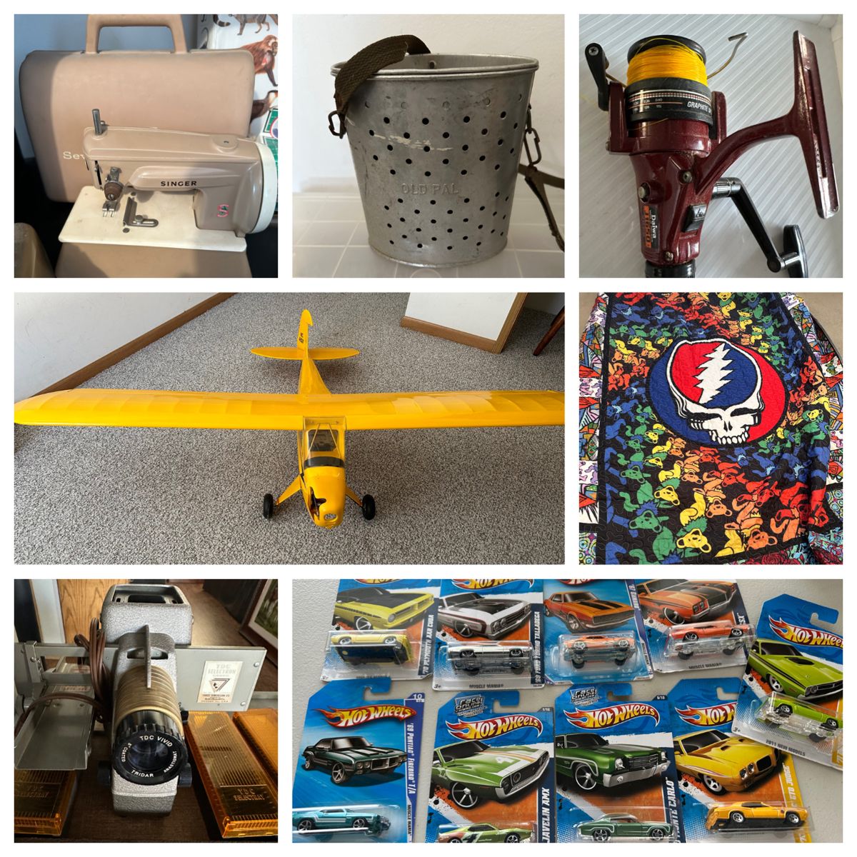 Model airplanes, Fishing equipment, tools, cookware, cameras, sewing, hot wheels, books