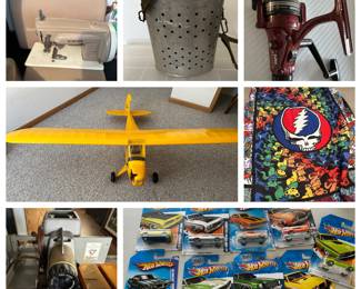 Model airplanes, Fishing equipment, tools, cookware, cameras, sewing, hot wheels, books