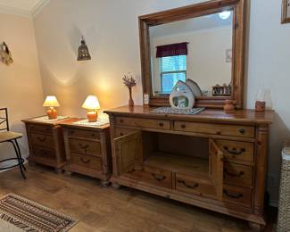 Dresser and 2 matching nightstands; Dresser is 66" x 18.75" x 38.5" tall, with mirror 79.5" tall: Nightstands are 32" x 16.75" and 30" tall 