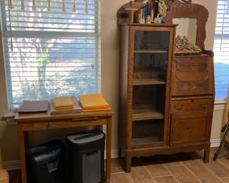 Secretary w/ bookcase. Paper shredders. Office supplies. Envelopes, paper, forever stamps, staplers, paper cutters, file cabinets, etc. 