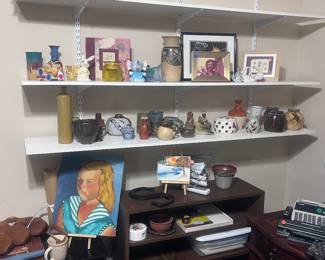 Art supplies, huge pottery collection, wall art and picture frames