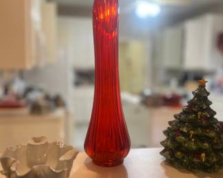 Vintage MCM Orange Swung Vase Art Glass Ribbed Large 22” tall 