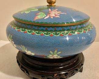 $125 - Cloisonne Lidded Bowl on Wood Stand Turquoise with Chrysanthemums and Birds - 7.5" H, 9" diam