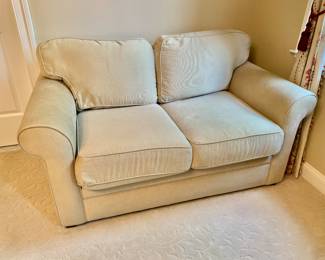 $275 - Cream corduroy roll arm loveseat - minor wear on right arm - 35" H, 61" W, 40" D