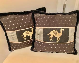 $28 - Pair of fringed, camel pillows - each 16" x 15"