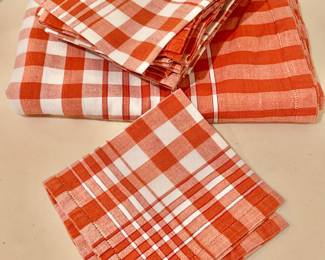 $30 per set - Red and white plaid tablecloth with 8 matching napkins (2 sets available!) - tablecloth: 56" x 84"; napkins each 15" x 15"