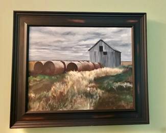 $120 - Framed Original Art - Barn and Rolls of Hay - 25" x 21"