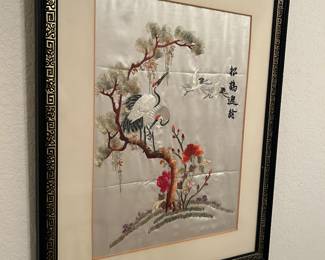 Japanese silk birds on tree framed 
