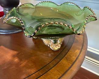 Mid century scalloped green bejeweled candy dish