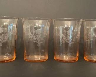Set Of 4 Etched Pink Depression Glass Juice Glasses
