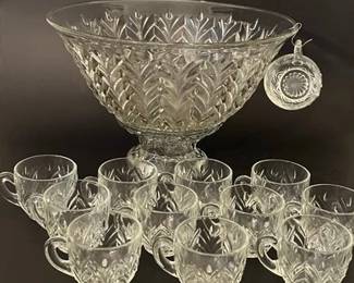 Glass Punch Bowl On Stand And 12 Cups
