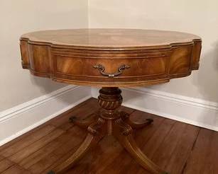Vintage Shaped Drum Table With Shaped Top Flame Mahogany Top , Circa 1940
