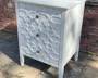 Three Drawer Gray Painted Bedside Table With Geometric Fretwork Decoration
