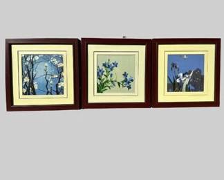 Three Chinese Embroidered Botanicals With Birds Butterflies On Satin Ground, 2005
