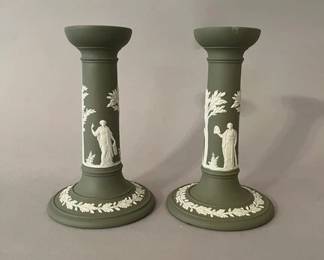 Pair Of Wedgwood Green Jasperware Candlesticks
