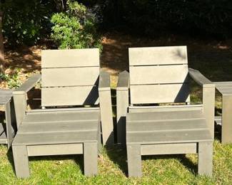 Pair Of Gray Painted Wood Adirondack Style Chairs With Ottomans And Side Tables
