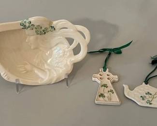 Belleek Harp Shamrock Trinket Dish With Two Ornaments
