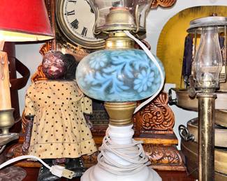 Antique kitchen clock, converted oil lamp, antique doll