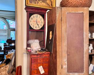 Great painted Spice Cabinet and Coca- Cola Clock & one of our many baskets