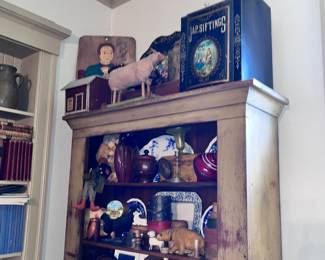 On top - General Store Coffee Dispenser , Great Toleware Tray with many smalls in painted cabinet