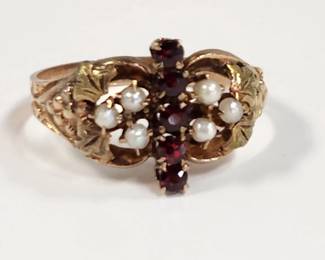 Victorian Garnet and Seed Pearl ring circa 1890's Size 8