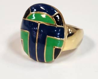 Signed Eisenberg enamel scarab plated metal ring, size 6.5