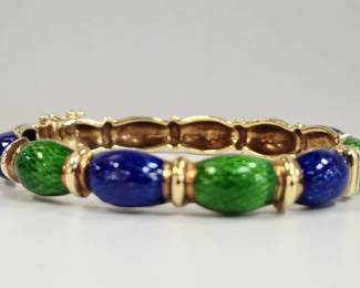 Signed Martine 14k yellow gold enameled bangle bracelet, perfect condition, size to fit 6-6.5" watch