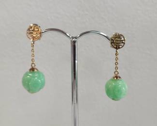 Jade carved ball drop gold earrings