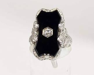 Edwardian 14k white gold filigree bows side detail Black Onyx and Diamond ring size 6.5