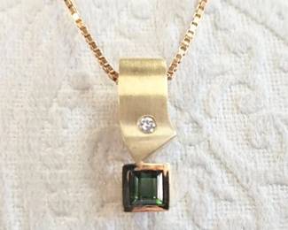 Green Tourmaline in gold slide with box chain