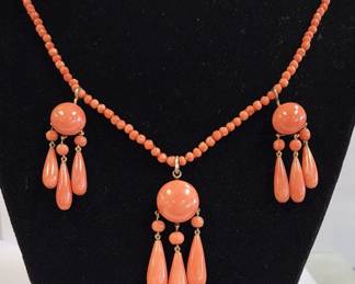 Victorian Salmon Coral hand carved festoon necklace