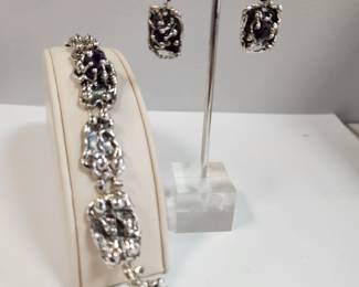 Brutalist Sterling and Amethyst bracelet and earrings