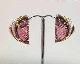 Hand carved pink tourmaline with diamond accents in 14k 