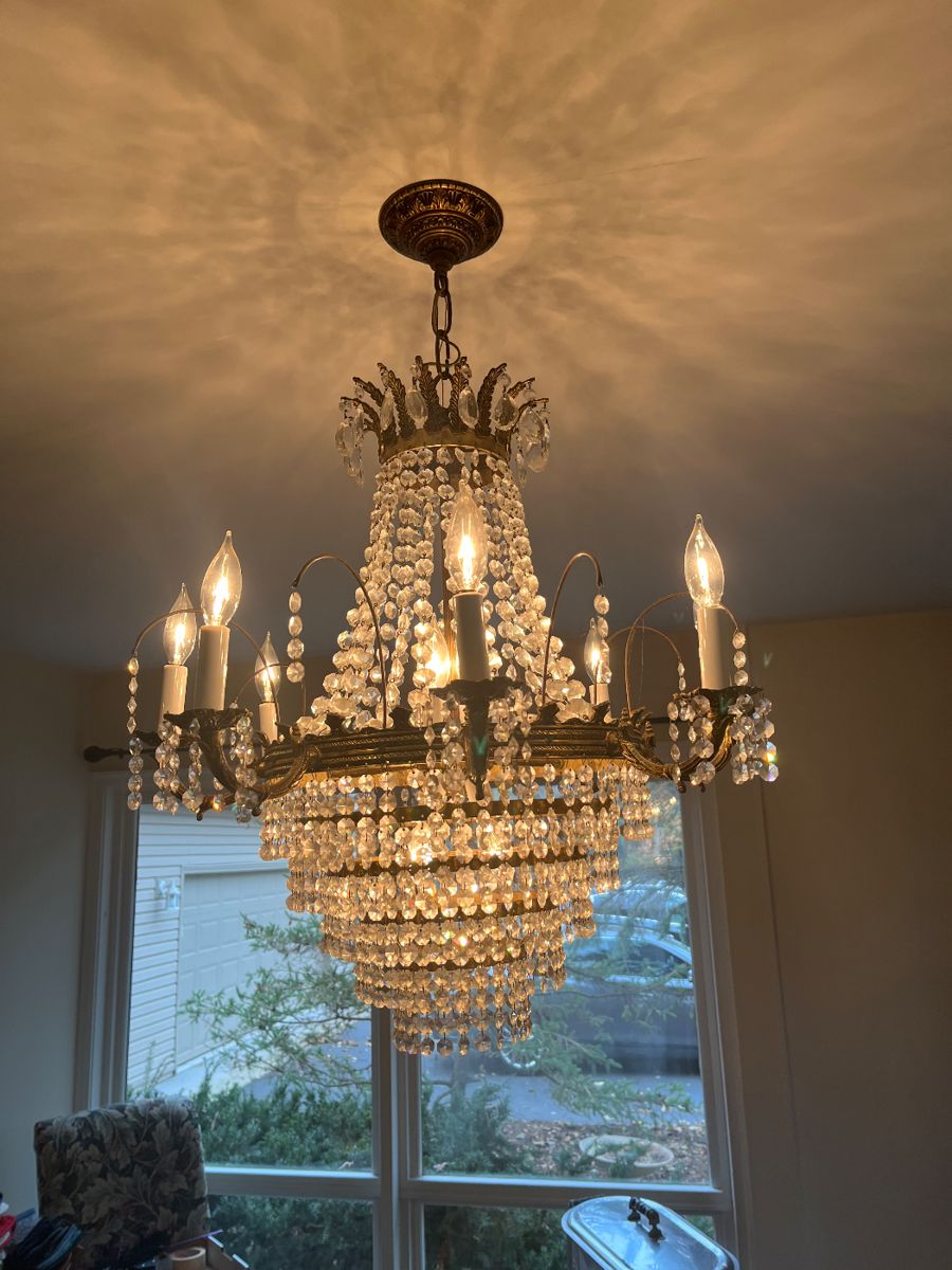 BUY IT NOW! $1200. Vintage Crystal chandelier. 26”W x 25”H. (Comes with a few extra octagonal crystals to be attached)