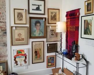 Sue Barnes, David Fernandez ceramic, Carol Lummus, Paul Phifer, John De La Vega, artisan steel sofa table, Magdalena Pedro Martinez sculpture, early 70's Vermont weaving