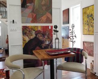 Sylvia Plaxico paintings, Anton Lorenz stools, Sam Cupelli sculpture,  Otto Brauer Guulvase