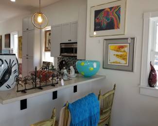 Ulrica Vallien glass vase, artisan steel menorah, Aloysi & Graham glass bubble bowl, Jane Tamako batik