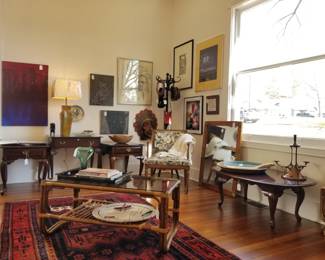 Alvino Bagni lamp, Robert Russell graphite of Malcolm X, Kerry Gonzalez raku platter, Adele Pilsk ceramic bowl, 4'11" x 10'8" Iranian Bijar, Matthew Welter Indian head, Laurie Thal glass vase