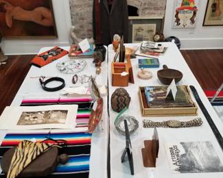 Italian valet, 1780-1830 Iroquous dugout bowl, 1800's Songye pillow, Kenneth Allen ceramic, Danny Phifer etching, Maricopa copper & turquoise bookends