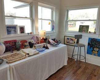 early 1950's Stolzle cut crystal wall mount fixture, Nolan Windholtz raku pups, Len Hughes ceramic, Jacques Sicard, Virginia Seeley ceramic, Helmi Vuorelma linen tablecloth NWT