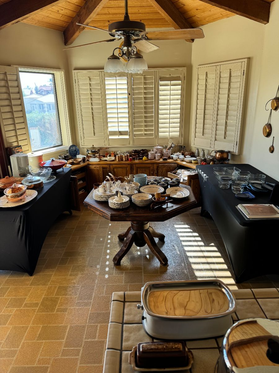Breakfast nook area - tons of Pyrex, Collectible Japanese porcelain, mid century pottery