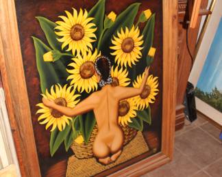 Mexican folk painting with sunflowers, Frida style
