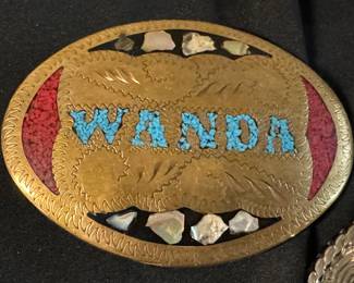 Brass, coral and turquoise buckle - vintage