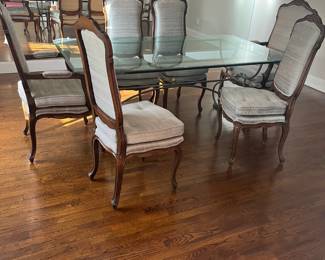 Glass Top Iron Base dining table and traditional chairs 