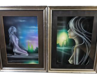 Vintage Pair of Female Figures in Airbrush Art, Signed