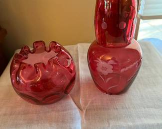 Red cranberry bedside carafe  and rose bowl