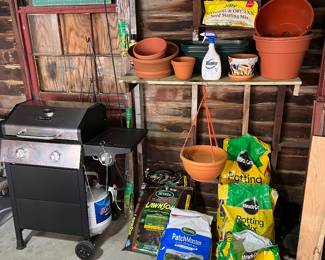 Dyna grill propane gas grill, grass seed, potting soil, lawn soil, patch master lawn seed, Scott’s lawn repair seed and planters.