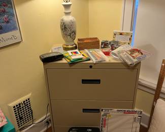 Lamps, 3 drawer like new filing cabinet, document shredder, poster boards and office supplies.