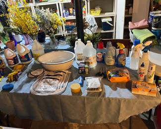 Enamelware wash basin, detergents, bleach, dryer sheets and more.