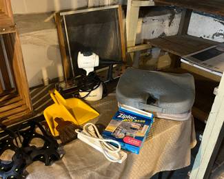 Reliable steamer, sheet cushions, window screen, two vintage wooden boxes, strap on shoe cleats and Ziploc large storage bags.